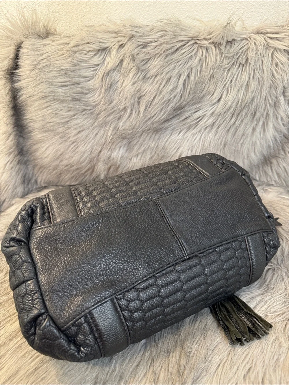 Aimee Kestenberg Women’s Black Textured Leather Satchel/Shoulder Bag with tassel